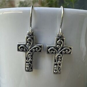 Christian Cross Hook Dangle Earrings 1.125 Inch Ornate Jewelry 925 Sterling 4.4g